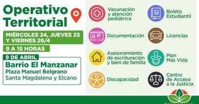 El Municipio de Esteban Echeverría realizará un operativo territorial en 9 de Abril El miércoles 24, jueves 25 y viernes 26 de abril, de 9 a 15 horas, las interesadas y los interesados podrán acercarse a la plaza Manuel Belgrano, en la intersección de las calles Santa Magdalena y Elcano (barrio El Manzanar, 9 de Abril). Durante los operativos, las vecinas y los vecinos podrán recibir asesoramiento y acceder a los siguientes trámites: Documentación - Documento Nacional de Identidad (DNI). - Partida de nacimiento (para personas nacidas en la provincia de Buenos Aires). - Cambio de domicilio. - Inicio de inscripción tardía de nacimiento (Certificado de Pre-identificación - CPI). - Inicio de trámite para cambio de género. - Declaración jurada de domicilio. Salud - Atención pediátrica. - Vacunación: Calendario Nacional, COVID-19 (mayores de 18 años) y antigripal (para grupos de riesgo). - Testeos de VIH y sífilis. - Consejería sobre métodos anticonceptivos. - Asesoramiento con Servicio Social. Asesoramiento sobre discapacidad - Trámite del Certificado Único de Discapacidad. - Inicio de pensión. - Gestión del Pase Libre Multimodal. - Inicio de trámite de capacidad jurídica. Inscripción al Plan Más Vida Género -Consejería y asesoramiento Licencias de conducir - Generación de turnos. - Asesoramiento para tramitar el carnet. Juventudes - Boleto Estudiantil. Tierras - Asesoramiento sobre escrituración y bien de familia. Colectividades - Asesoramiento y generación de turnos para la regularización documental de personas extranjeras. Adultas/os mayores - Asesoramiento para trámites e inscripción a talleres recreativos. Cultura - Inscripción a cursos con vacantes. Centro de Acceso a la Justicia - Asesoramiento jurídico gratuito.
